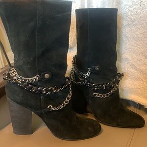 Beautiful suede Nine W.  Boots black with chain detailing size 6. Nonskid bottom